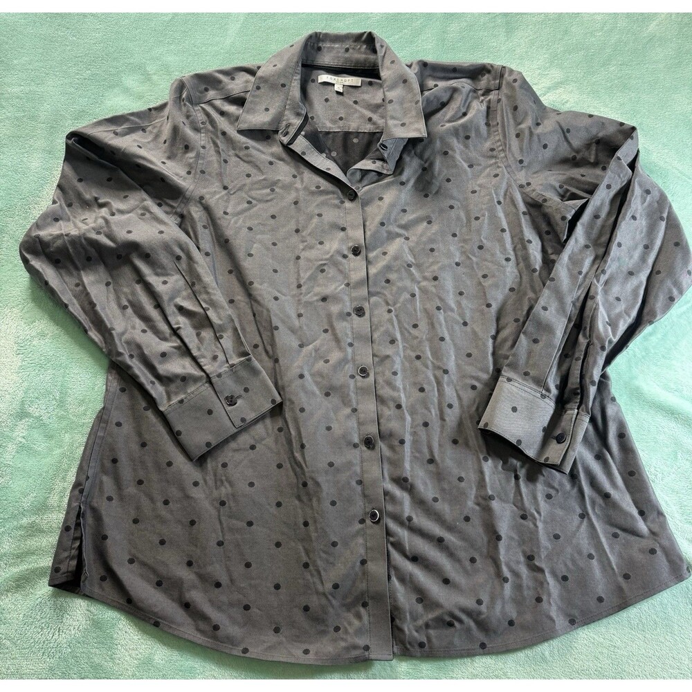 Foxcroft Size 16 Gray Polka Dot Tencel Lyocell Shaped Button Down Blouse Shirt